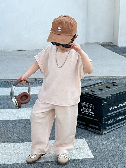 2pcs Baby Boy Apricot,Summer,Casual,City Break Knit Floral Yarn Pit Stripe Loose T-Shirt&Pants Set,Japanese Korean Style For School,Sports,Vacation