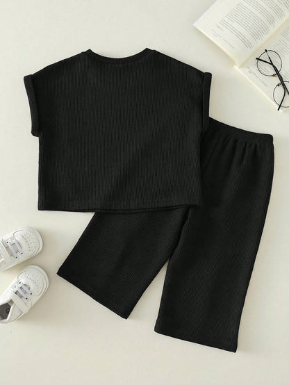 2pcs Baby Boy Apricot,Summer,Casual,City Break Knit Floral Yarn Pit Stripe Loose T-Shirt&Pants Set,Japanese Korean Style For School,Sports,Vacation