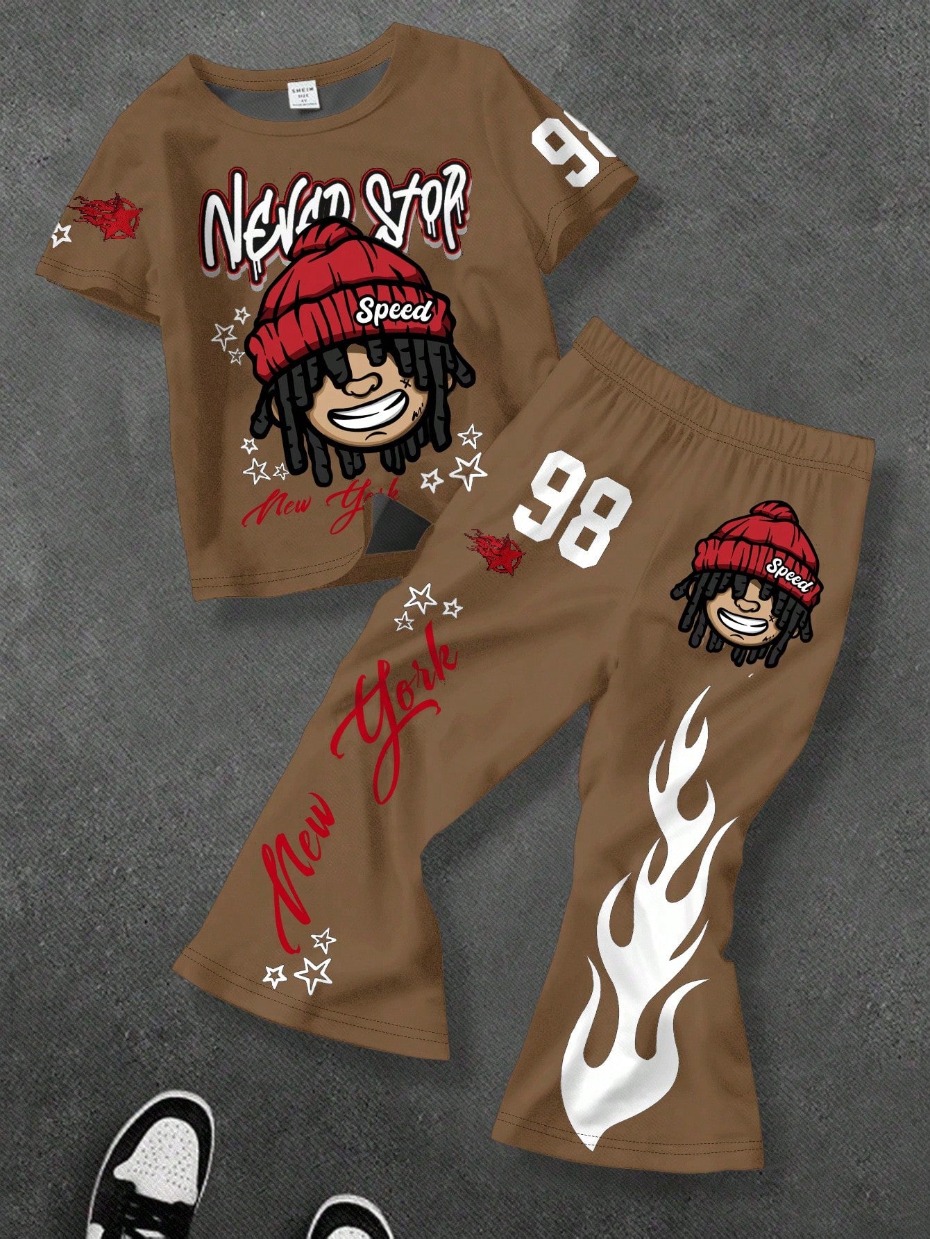 2pcs Baby Boy Cartoon Character T-Shirt & Flare Pants Set,All Shades Of Brown,Summer,Casual,Beach,City Name NY Text,Flame,Star Print,Back To School