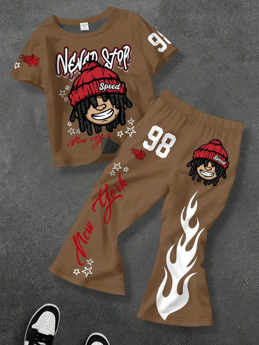 2pcs Baby Boy Cartoon Character T-Shirt & Flare Pants Set,All Shades Of Brown,Summer,Casual,Beach,City Name NY Text,Flame,Star Print,Back To School