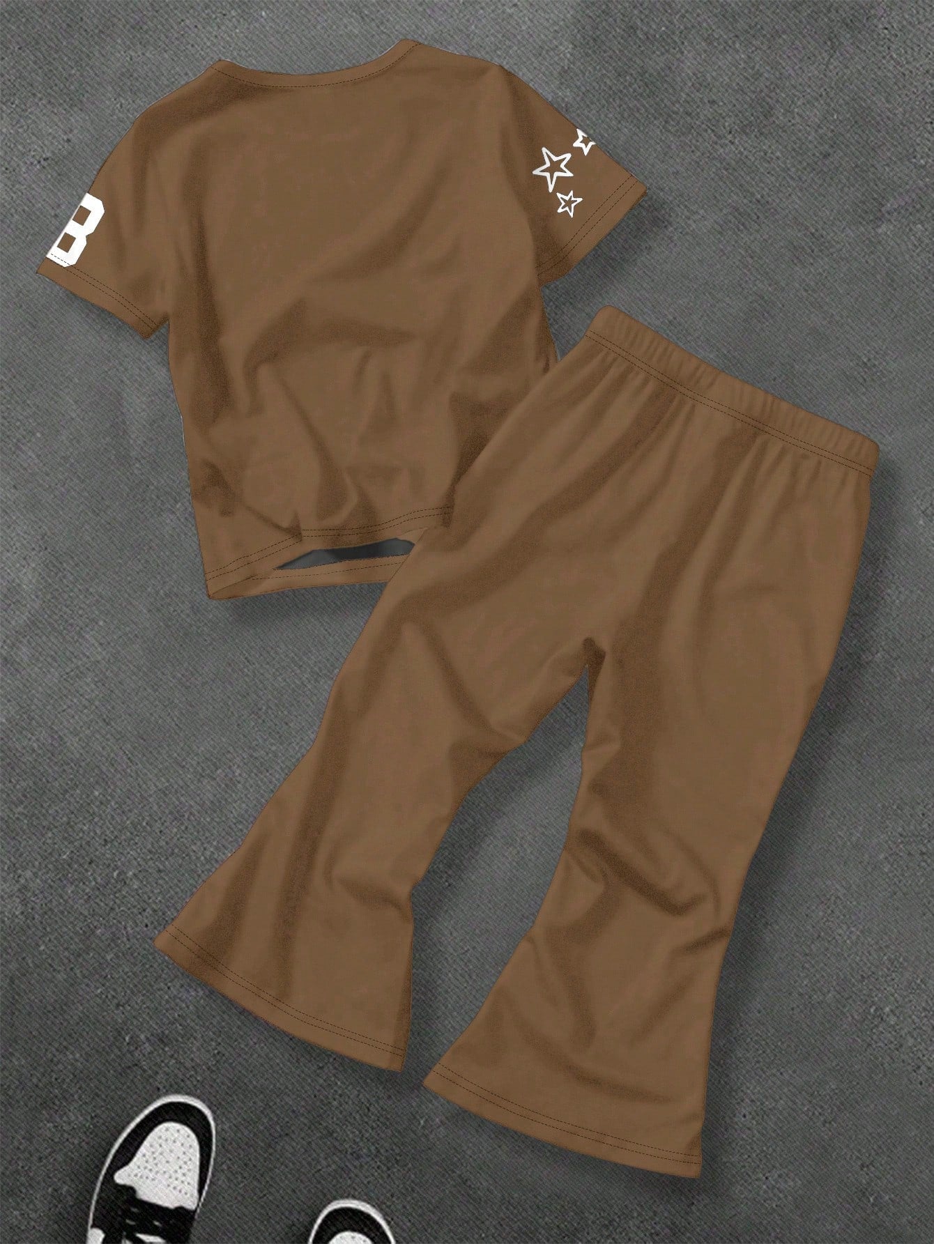 2pcs Baby Boy Cartoon Character T-Shirt & Flare Pants Set,All Shades Of Brown,Summer,Casual,Beach,City Name NY Text,Flame,Star Print,Back To School