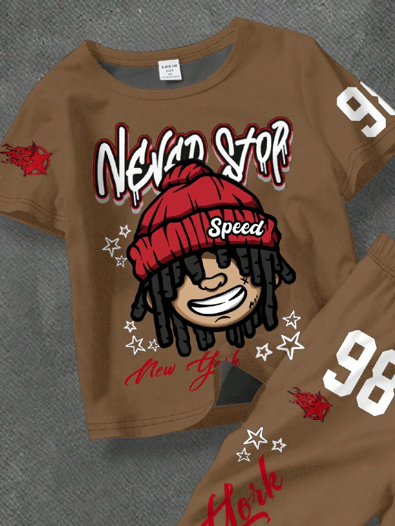 2pcs Baby Boy Cartoon Character T-Shirt & Flare Pants Set,All Shades Of Brown,Summer,Casual,Beach,City Name NY Text,Flame,Star Print,Back To School