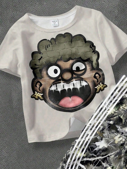 2pcs Baby Boy Cartoon Character T-Shirt & Flare Pants Set,All Shades Of Brown,Summer,Casual,Beach,City Name NY Text,Flame,Star Print,Back To School