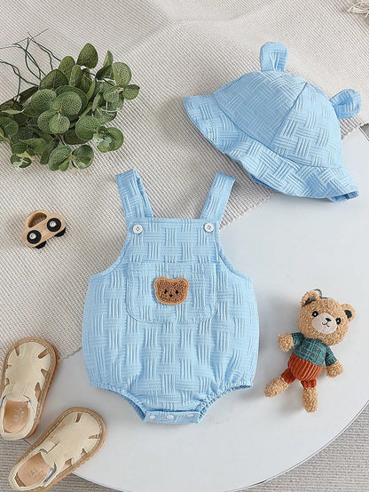 2pcs Baby Boy Casual Cute Jacquard Strap Romper With Bear Embroidery Pocket And Ear Hat Set, Comfortable Summer Outfit For Daily And Outdoor Wear