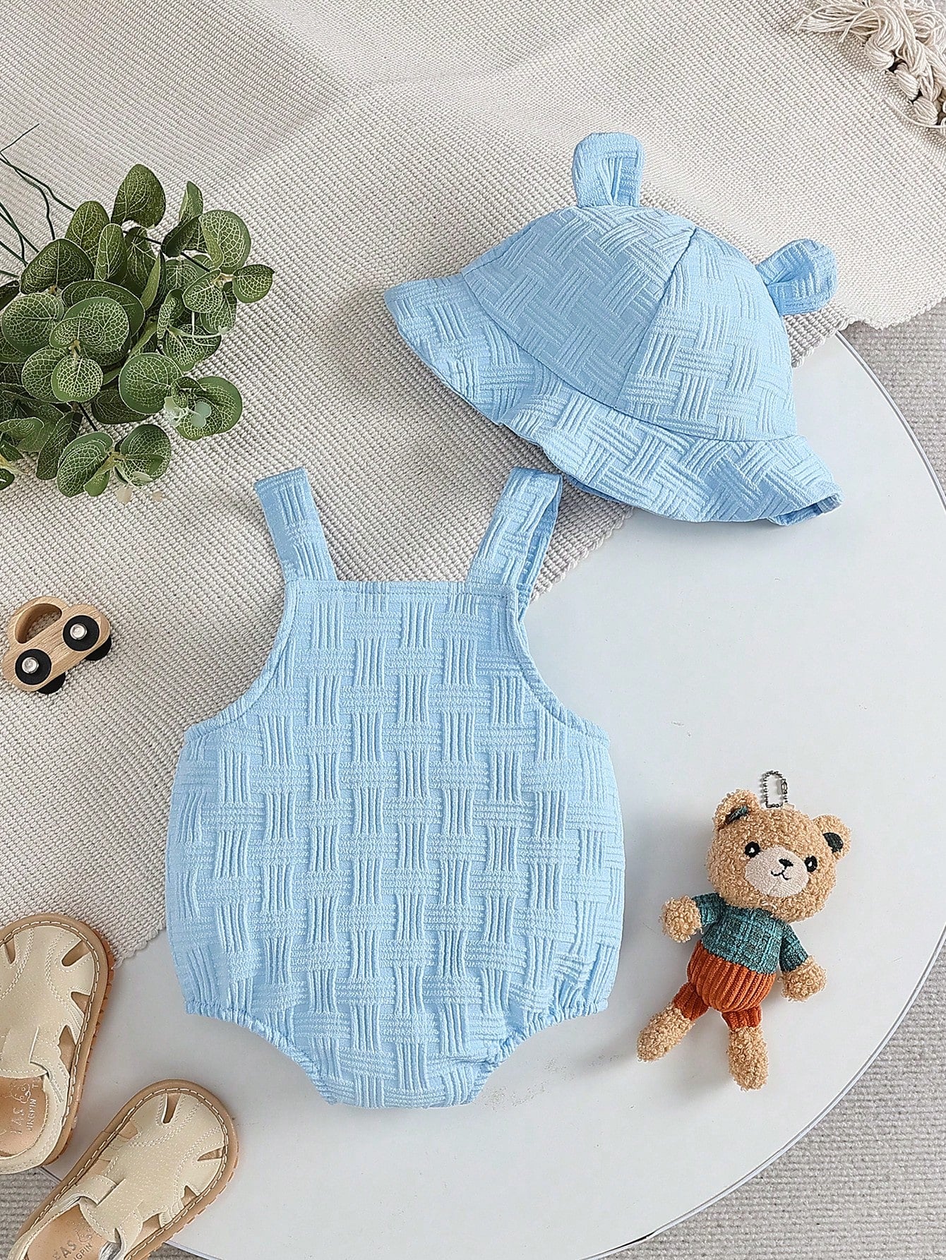 2pcs Baby Boy Casual Cute Jacquard Strap Romper With Bear Embroidery Pocket And Ear Hat Set, Comfortable Summer Outfit For Daily And Outdoor Wear