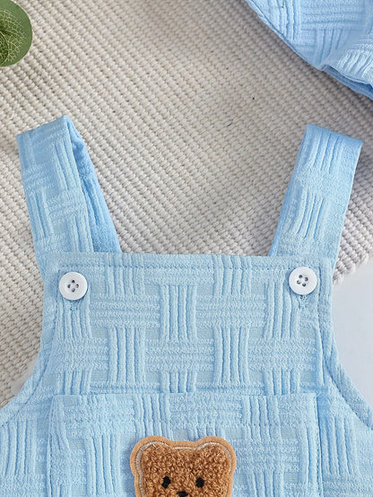 2pcs Baby Boy Casual Cute Jacquard Strap Romper With Bear Embroidery Pocket And Ear Hat Set, Comfortable Summer Outfit For Daily And Outdoor Wear