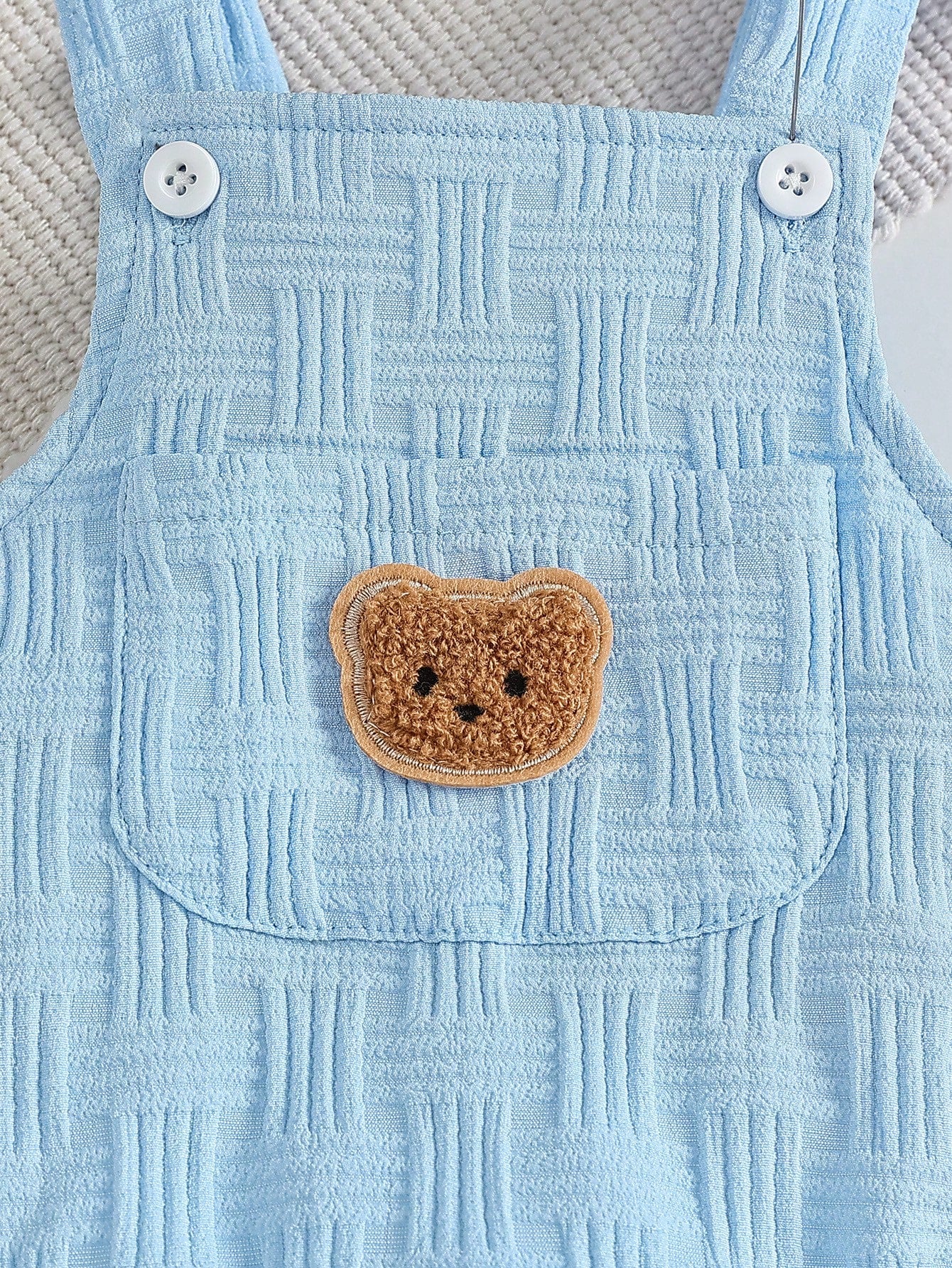 2pcs Baby Boy Casual Cute Jacquard Strap Romper With Bear Embroidery Pocket And Ear Hat Set, Comfortable Summer Outfit For Daily And Outdoor Wear
