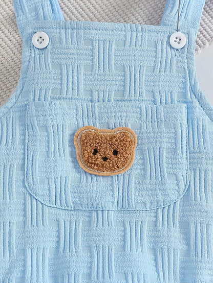 2pcs Baby Boy Casual Cute Jacquard Strap Romper With Bear Embroidery Pocket And Ear Hat Set, Comfortable Summer Outfit For Daily And Outdoor Wear