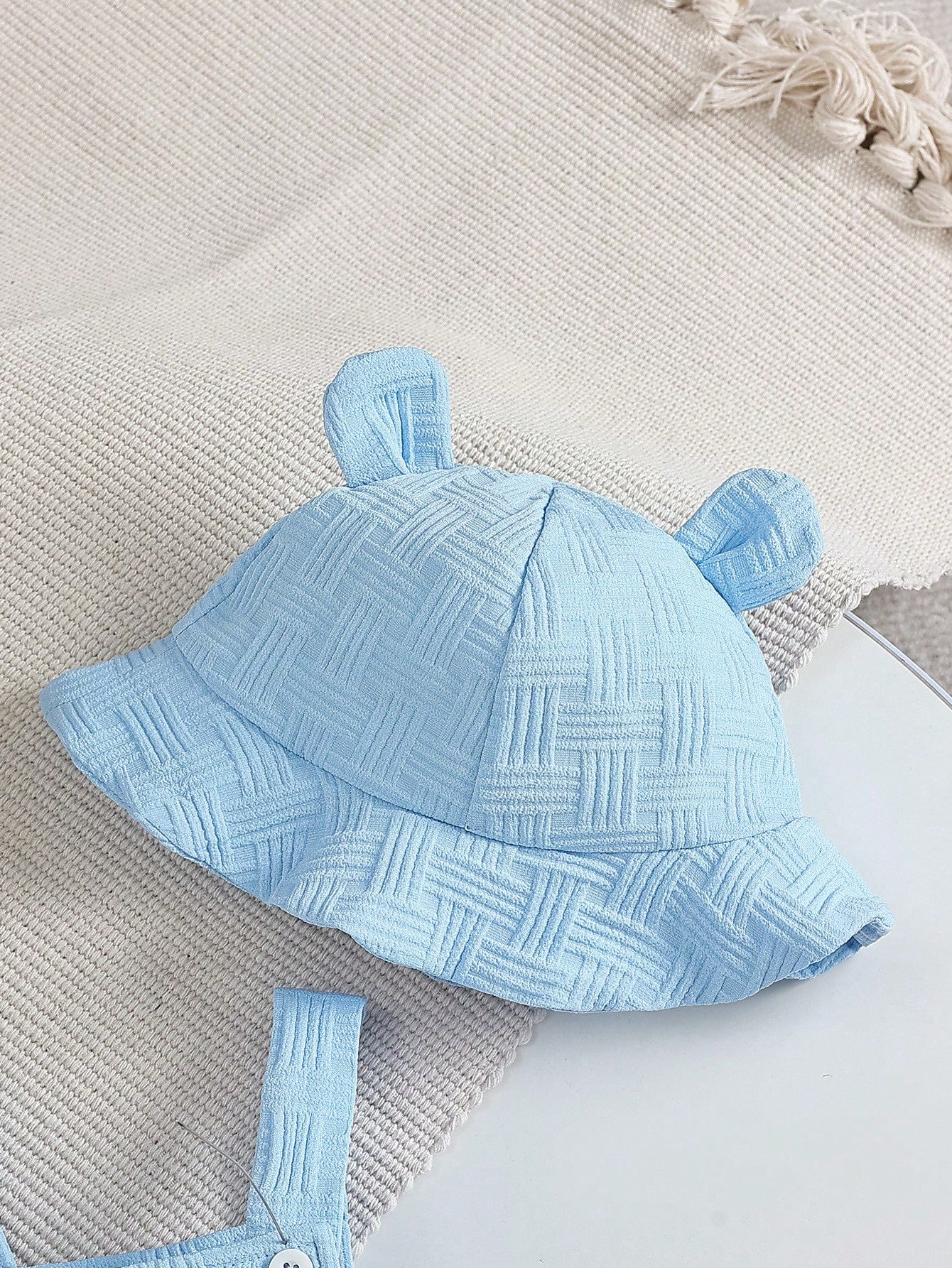 2pcs Baby Boy Casual Cute Jacquard Strap Romper With Bear Embroidery Pocket And Ear Hat Set, Comfortable Summer Outfit For Daily And Outdoor Wear