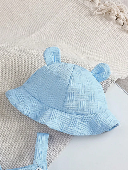 2pcs Baby Boy Casual Cute Jacquard Strap Romper With Bear Embroidery Pocket And Ear Hat Set, Comfortable Summer Outfit For Daily And Outdoor Wear