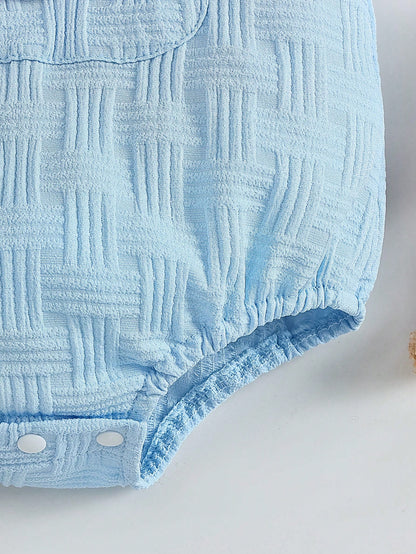 2pcs Baby Boy Casual Cute Jacquard Strap Romper With Bear Embroidery Pocket And Ear Hat Set, Comfortable Summer Outfit For Daily And Outdoor Wear