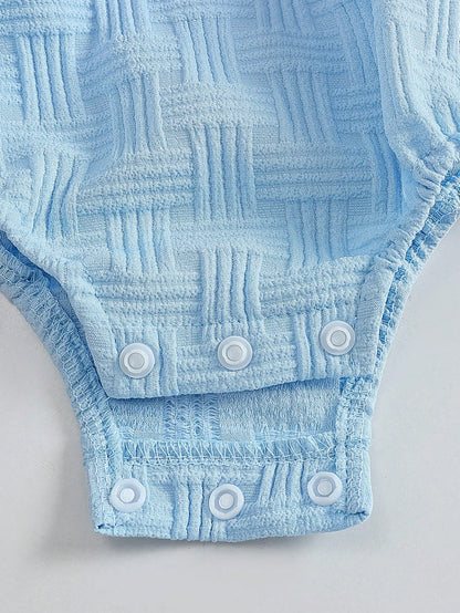 2pcs Baby Boy Casual Cute Jacquard Strap Romper With Bear Embroidery Pocket And Ear Hat Set, Comfortable Summer Outfit For Daily And Outdoor Wear