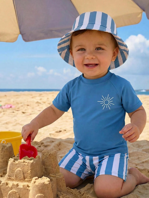 2pcs Baby Boy Summer Casual Vacation Green Short Sleeve Swimsuit, Striped Swim Trunks, Beach Shorts, Swimwear Set, Suitable For Beach, Pool, Vacation