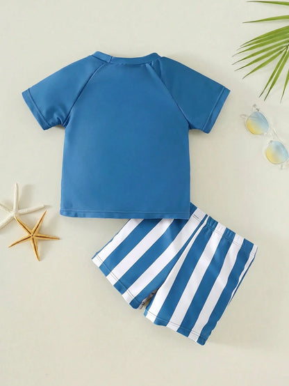 2pcs Baby Boy Summer Casual Vacation Green Short Sleeve Swimsuit, Striped Swim Trunks, Beach Shorts, Swimwear Set, Suitable For Beach, Pool, Vacation