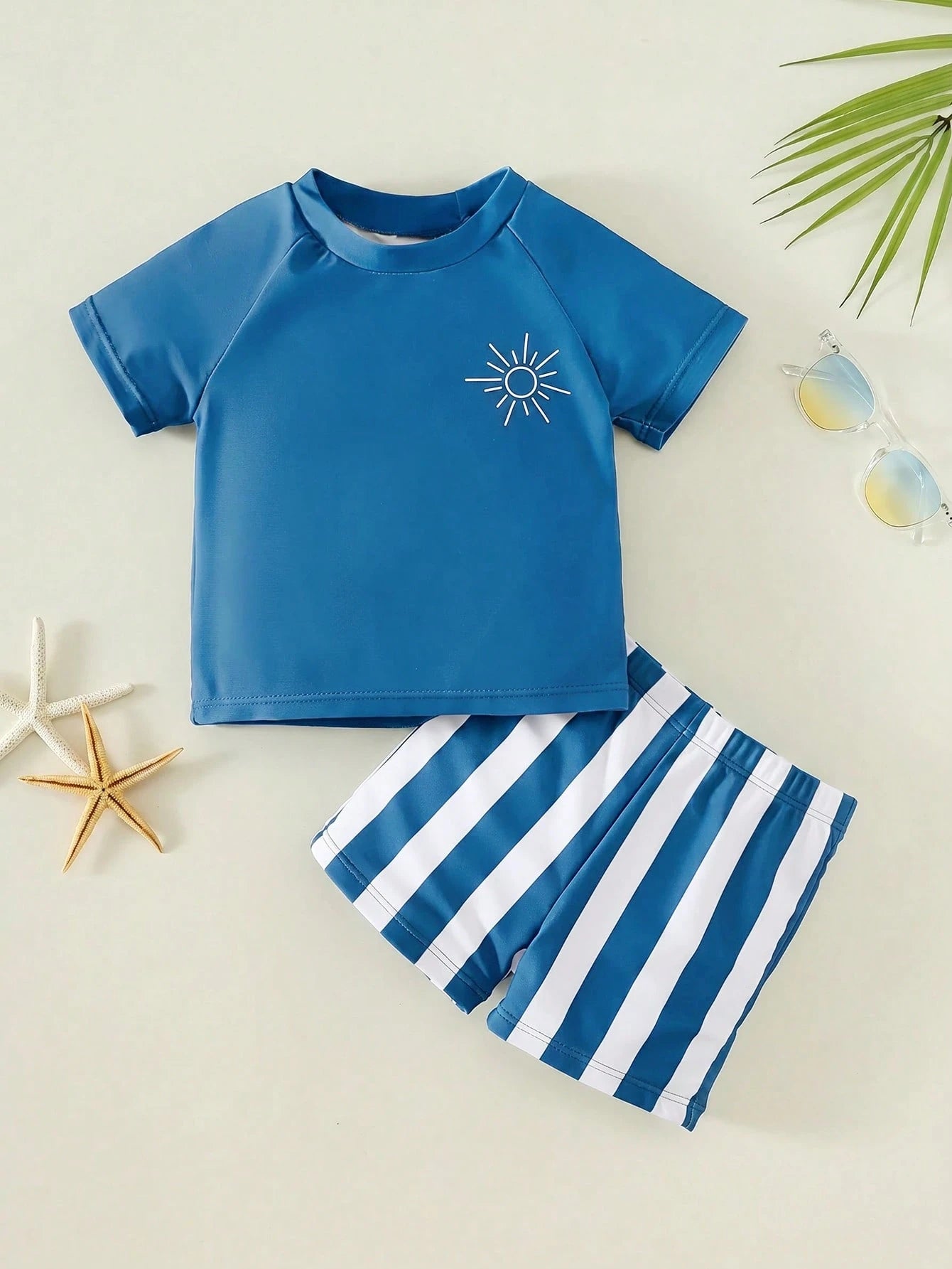 2pcs Baby Boy Summer Casual Vacation Green Short Sleeve Swimsuit, Striped Swim Trunks, Beach Shorts, Swimwear Set, Suitable For Beach, Pool, Vacation