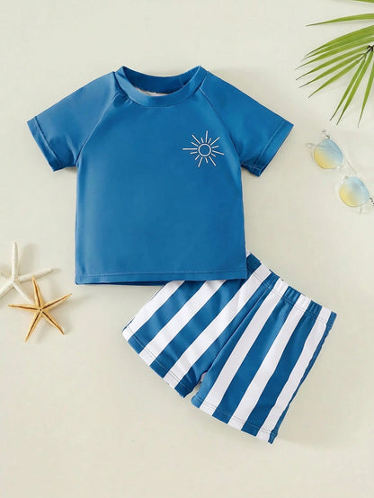 2pcs Baby Boy Summer Casual Vacation Green Short Sleeve Swimsuit, Striped Swim Trunks, Beach Shorts, Swimwear Set, Suitable For Beach, Pool, Vacation