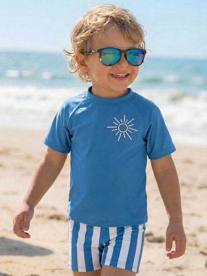 2pcs Baby Boy Summer Casual Vacation Green Short Sleeve Swimsuit, Striped Swim Trunks, Beach Shorts, Swimwear Set, Suitable For Beach, Pool, Vacation