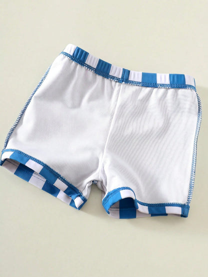 2pcs Baby Boy Summer Casual Vacation Green Short Sleeve Swimsuit, Striped Swim Trunks, Beach Shorts, Swimwear Set, Suitable For Beach, Pool, Vacation