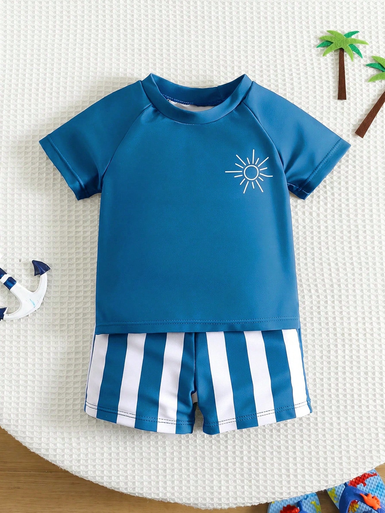 2pcs Baby Boy Summer Casual Vacation Green Short Sleeve Swimsuit, Striped Swim Trunks, Beach Shorts, Swimwear Set, Suitable For Beach, Pool, Vacation