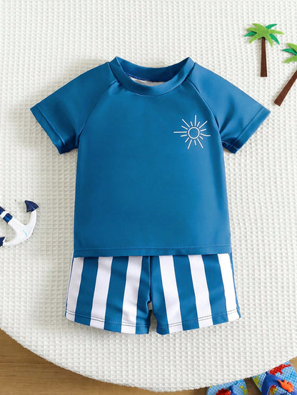 2pcs Baby Boy Summer Casual Vacation Green Short Sleeve Swimsuit, Striped Swim Trunks, Beach Shorts, Swimwear Set, Suitable For Beach, Pool, Vacation