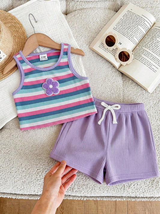 2pcs Baby Girl Blue And White Stripe Knitted Floral Sleeveless Top And Elastic Waist Shorts Set,Cute,Summer,Vacation Casual Outfit Home Wear