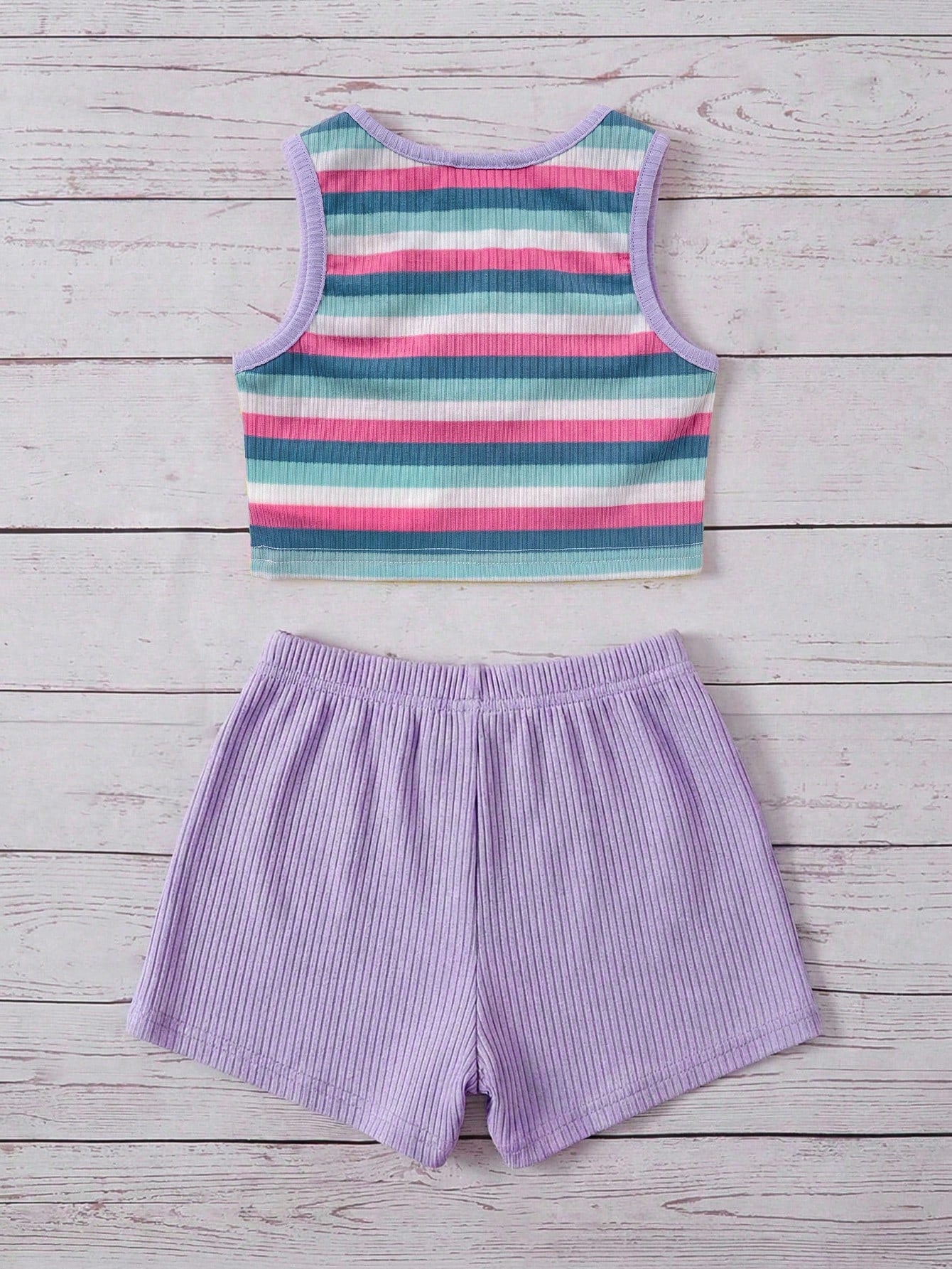 2pcs Baby Girl Blue And White Stripe Knitted Floral Sleeveless Top And Elastic Waist Shorts Set,Cute,Summer,Vacation Casual Outfit Home Wear