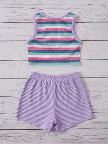 2pcs Baby Girl Blue And White Stripe Knitted Floral Sleeveless Top And Elastic Waist Shorts Set,Cute,Summer,Vacation Casual Outfit Home Wear