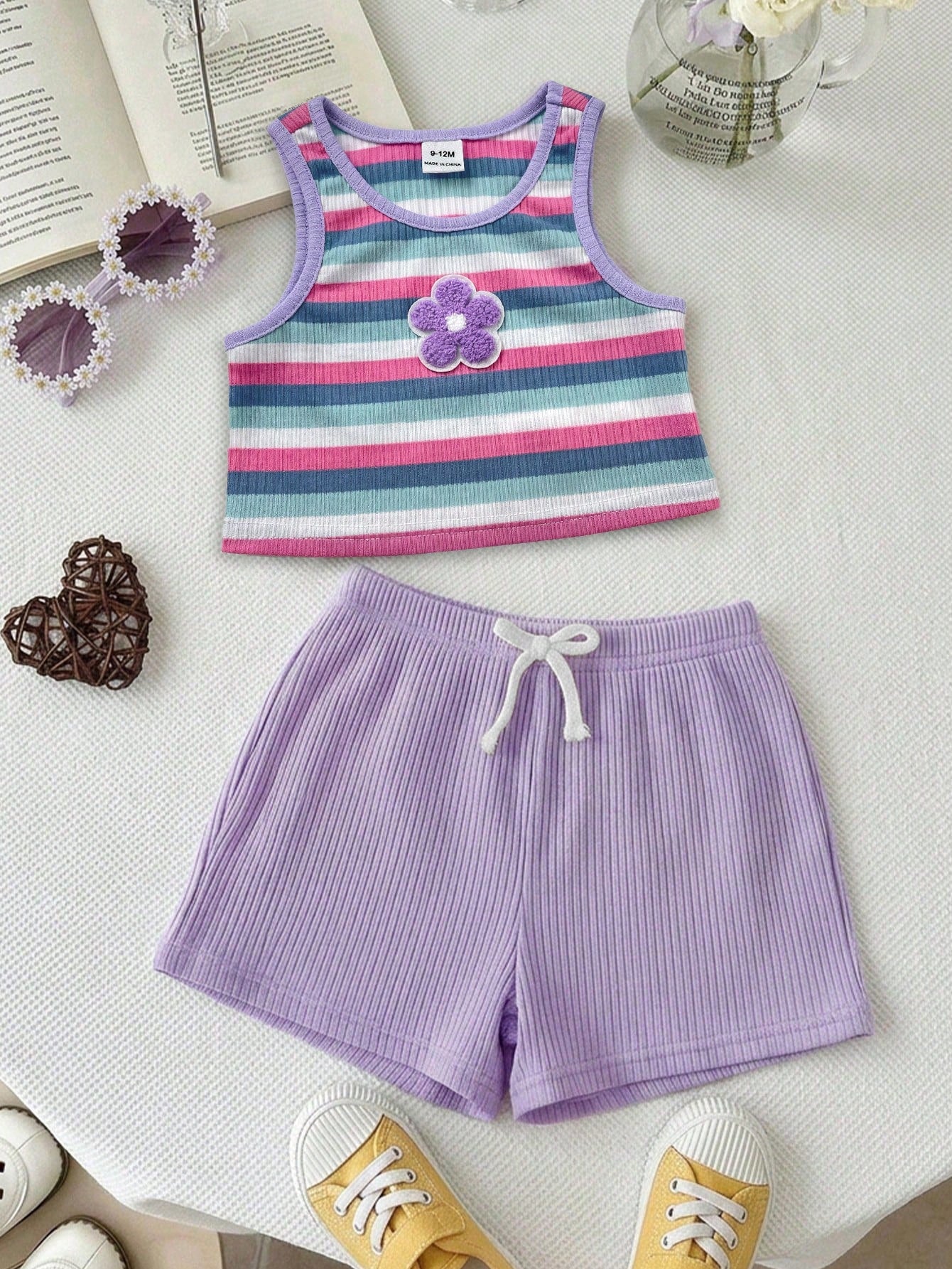 2pcs Baby Girl Blue And White Stripe Knitted Floral Sleeveless Top And Elastic Waist Shorts Set,Cute,Summer,Vacation Casual Outfit Home Wear