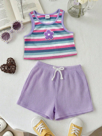 2pcs Baby Girl Blue And White Stripe Knitted Floral Sleeveless Top And Elastic Waist Shorts Set,Cute,Summer,Vacation Casual Outfit Home Wear