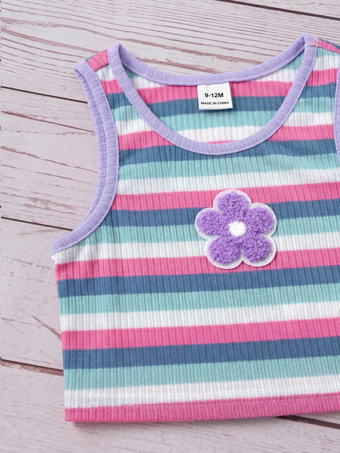 2pcs Baby Girl Blue And White Stripe Knitted Floral Sleeveless Top And Elastic Waist Shorts Set,Cute,Summer,Vacation Casual Outfit Home Wear