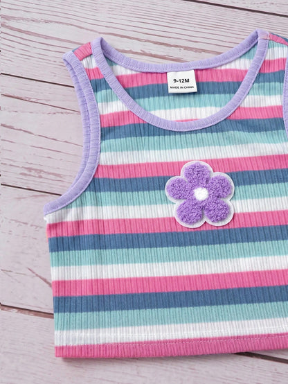 2pcs Baby Girl Blue And White Stripe Knitted Floral Sleeveless Top And Elastic Waist Shorts Set,Cute,Summer,Vacation Casual Outfit Home Wear