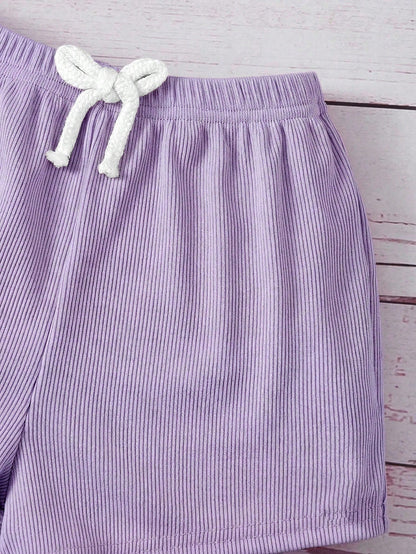2pcs Baby Girl Blue And White Stripe Knitted Floral Sleeveless Top And Elastic Waist Shorts Set,Cute,Summer,Vacation Casual Outfit Home Wear