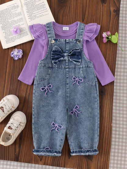 2pcs Baby Girl Casual Sweet Cool Purple Flutter Sleeve Top & Embroidered Denim Overalls Set, Thin Spring/Autumn