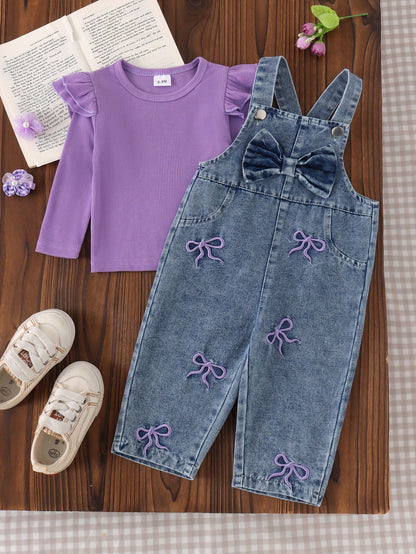 2pcs Baby Girl Casual Sweet Cool Purple Flutter Sleeve Top & Embroidered Denim Overalls Set, Thin Spring/Autumn