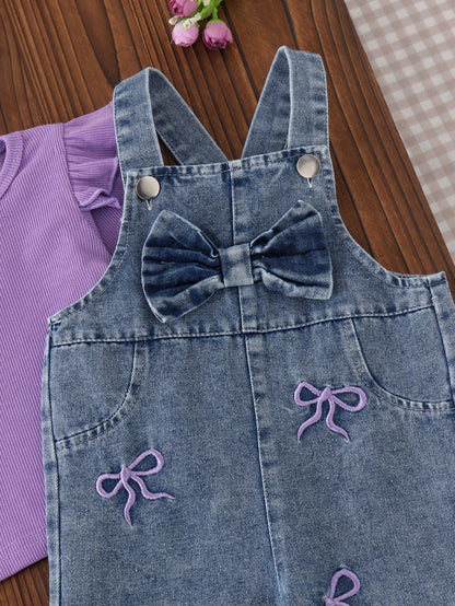 2pcs Baby Girl Casual Sweet Cool Purple Flutter Sleeve Top & Embroidered Denim Overalls Set, Thin Spring/Autumn