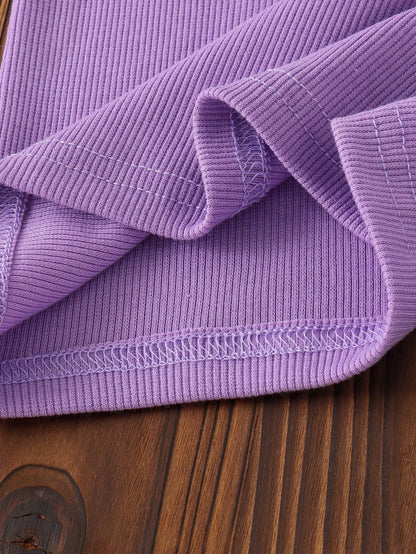 2pcs Baby Girl Casual Sweet Cool Purple Flutter Sleeve Top & Embroidered Denim Overalls Set, Thin Spring/Autumn