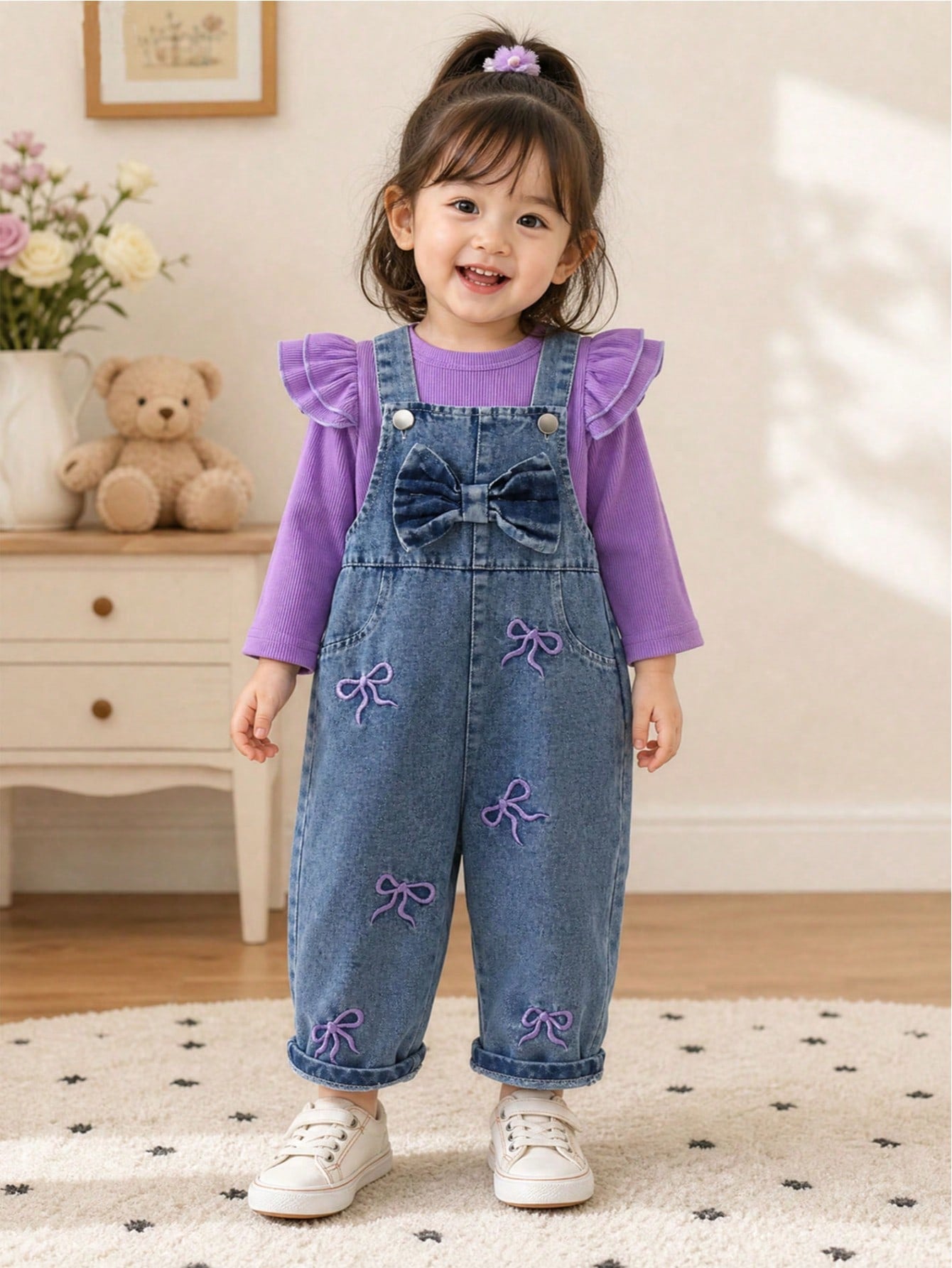 2pcs Baby Girl Casual Sweet Cool Purple Flutter Sleeve Top & Embroidered Denim Overalls Set, Thin Spring/Autumn
