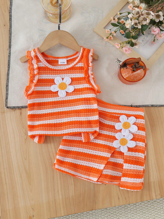 2pcs Baby Girl Cute Comfortable 3D Flower Hollow Knit Jacquard Vest & Skirt Set, Lightweight Summer