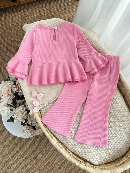 2pcs Baby Girl Cute Pink Bow Bell Sleeve Top & Matching Flared Pants Set, Lightweight Spring/Autumn