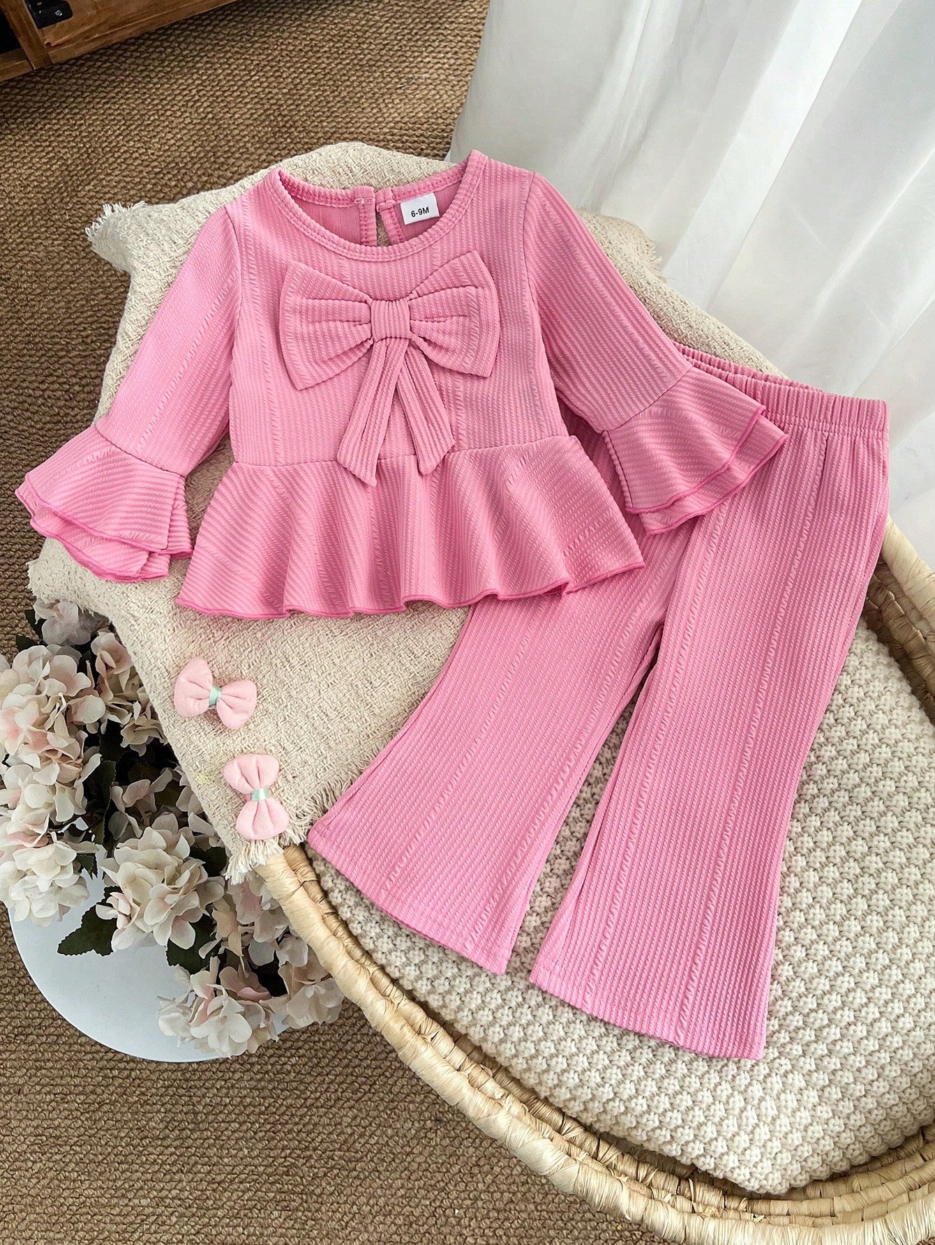 2pcs Baby Girl Cute Pink Bow Bell Sleeve Top & Matching Flared Pants Set, Lightweight Spring/Autumn