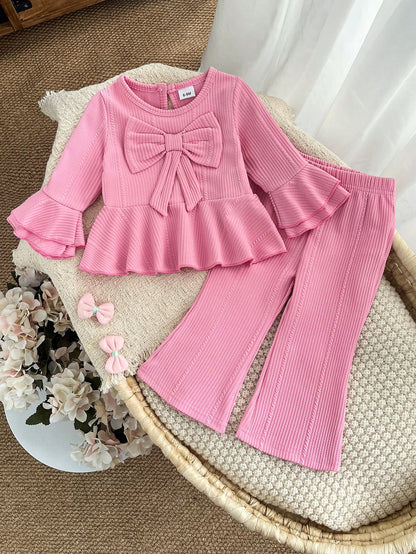 2pcs Baby Girl Cute Pink Bow Bell Sleeve Top & Matching Flared Pants Set, Lightweight Spring/Autumn