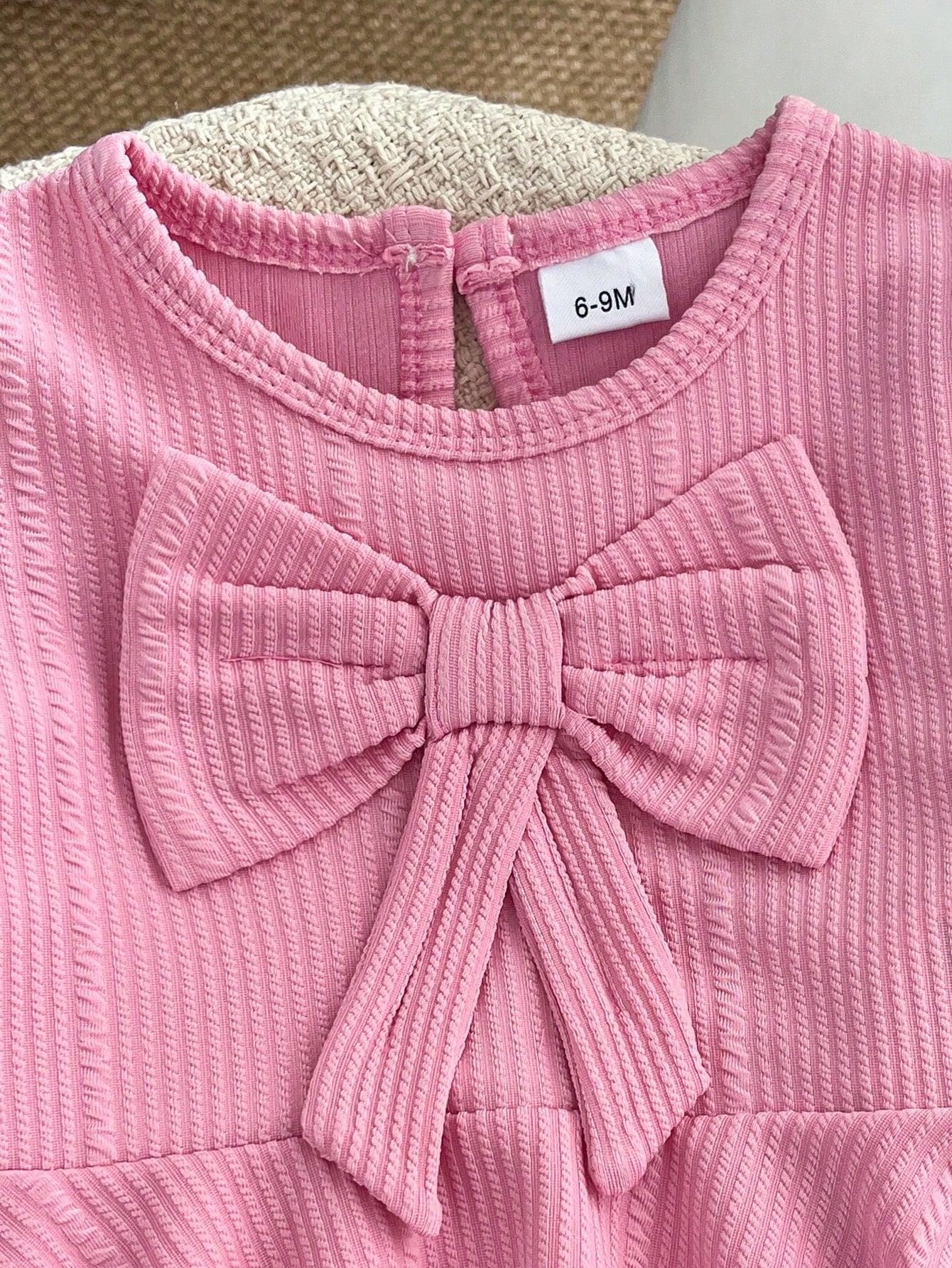2pcs Baby Girl Cute Pink Bow Bell Sleeve Top & Matching Flared Pants Set, Lightweight Spring/Autumn