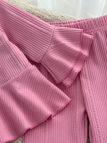 2pcs Baby Girl Cute Pink Bow Bell Sleeve Top & Matching Flared Pants Set, Lightweight Spring/Autumn