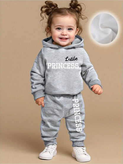 2pcs Baby Girl Fashion Letter Print Casual Thicken Hoodie Sweatshirt & Pants Set, Autumn/Winter