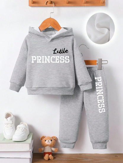 2pcs Baby Girl Fashion Letter Print Casual Thicken Hoodie Sweatshirt & Pants Set, Autumn/Winter