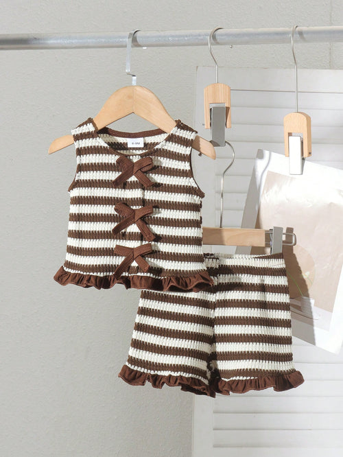 2pcs Baby Girl Minimalist Casual Pineapple Plaid Striped Knit Tank Top & Shorts Set, Lightweight Summer