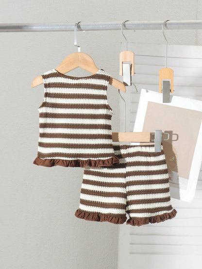 2pcs Baby Girl Minimalist Casual Pineapple Plaid Striped Knit Tank Top & Shorts Set, Lightweight Summer