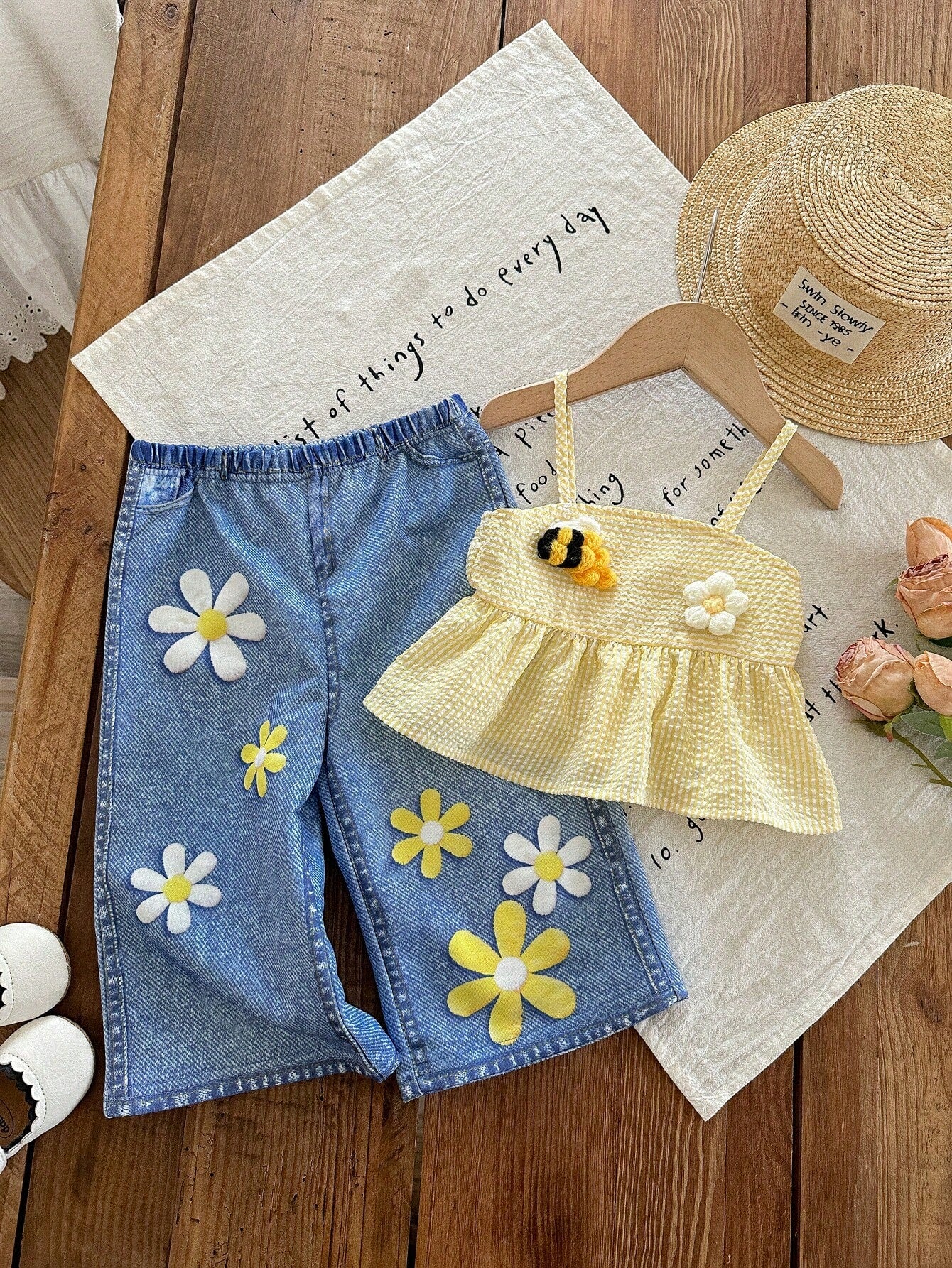 2Pcs Baby Girl Pastel Yellow Summer Cute Vacation Outfit,Textured Tank Top & Flower Embellished Straight-Leg Pants,Casual Comfortable Spring Sets