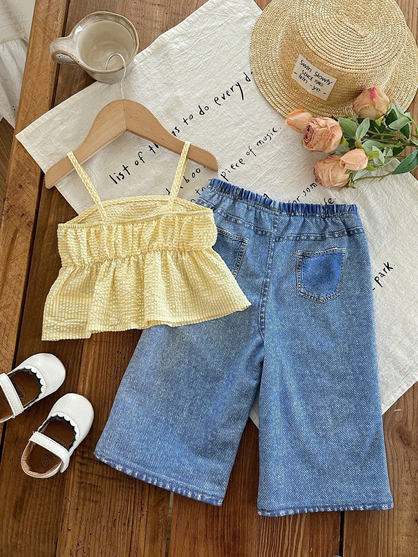 2Pcs Baby Girl Pastel Yellow Summer Cute Vacation Outfit,Textured Tank Top & Flower Embellished Straight-Leg Pants,Casual Comfortable Spring Sets