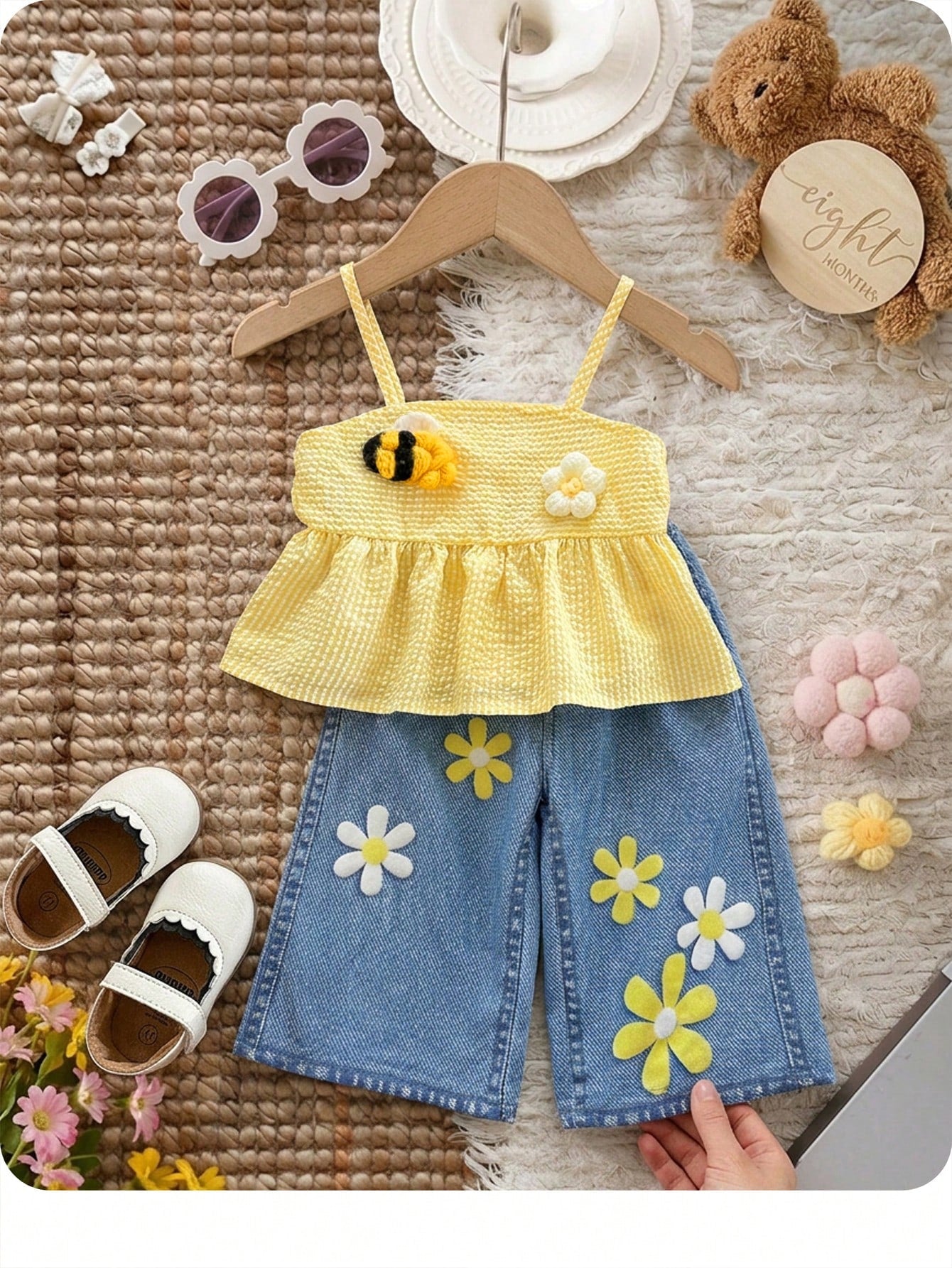 2Pcs Baby Girl Pastel Yellow Summer Cute Vacation Outfit,Textured Tank Top & Flower Embellished Straight-Leg Pants,Casual Comfortable Spring Sets